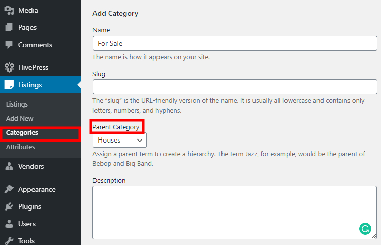Adding categories to the WordPress real estate directory.