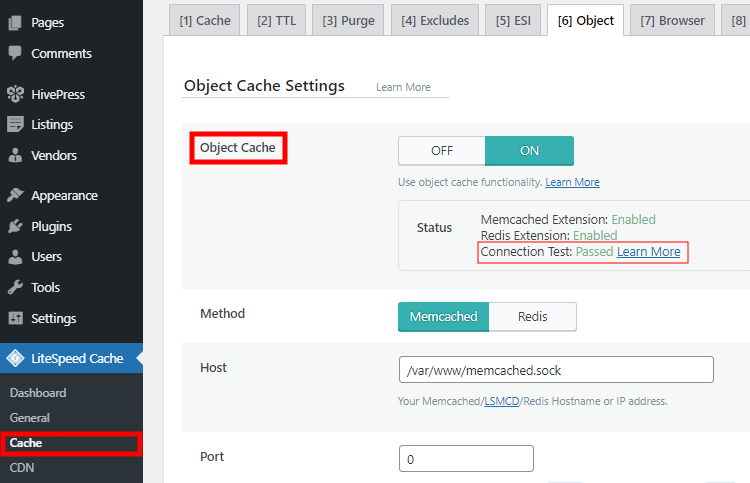 Enabling object cache option to speed up a WordPress-built website.