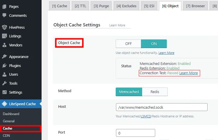 Enabling object cache option to speed up a WordPress-built website.