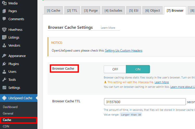 Enabling browser cache option.
