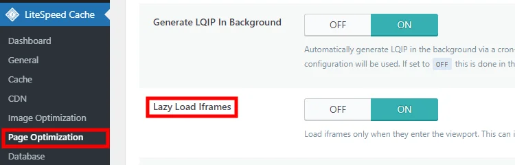 Optimizing website page content by enabling the "Lazy Load Iframes" option.