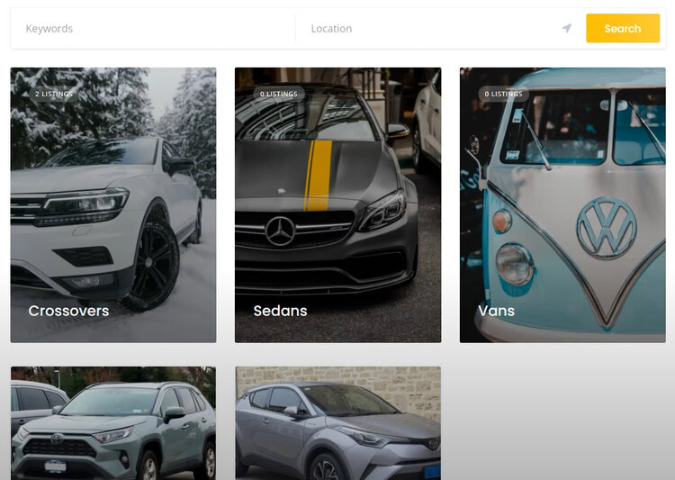 The homepage of the WordPress car listing website.