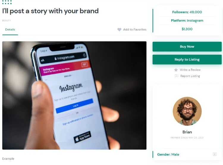 Example of service listed on the influencer marketing platform.