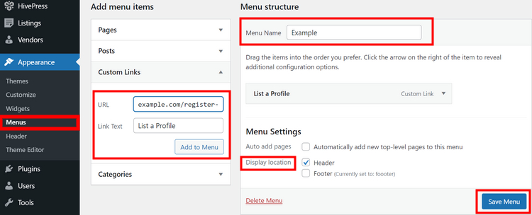 Adding a new menu in the WordPress dashboard.