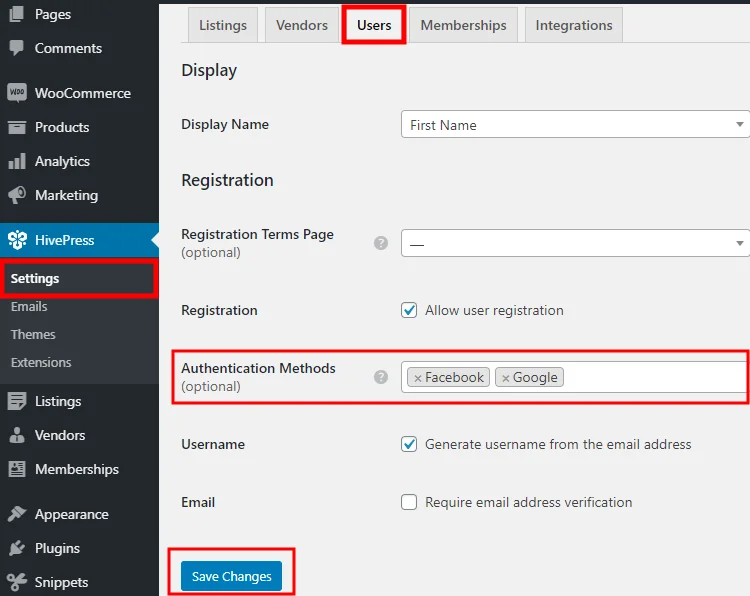 Adding authentication methods to the WordPress business directory website.