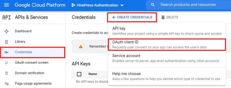 Creating Google API credentials.