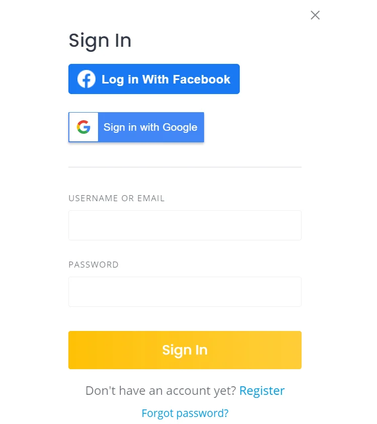 Example of social login buttons at the website registration form.