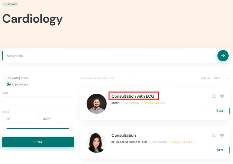 An example of the listing category on the doctor appointment website.