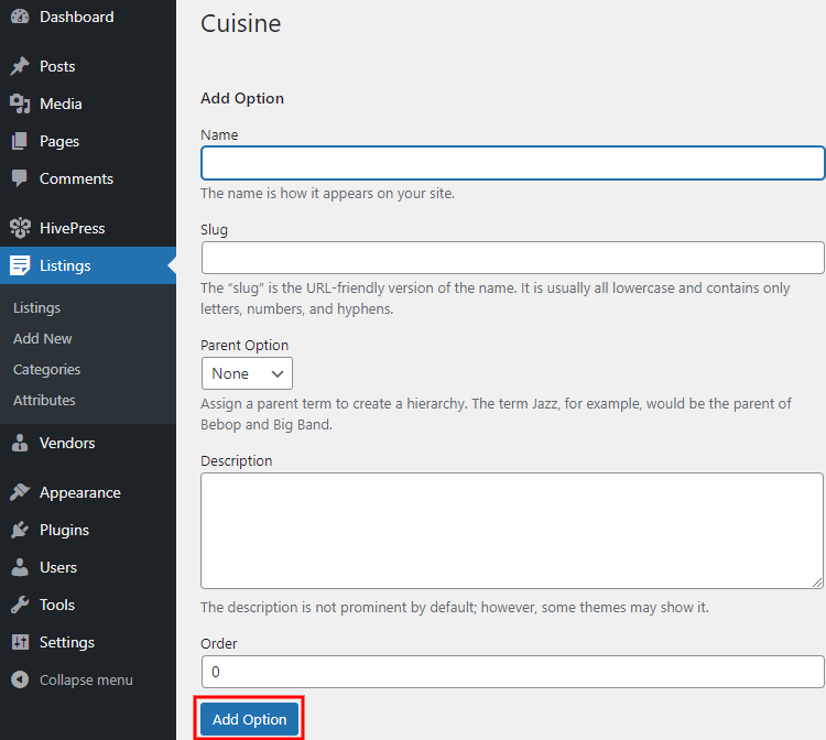 Adding options of the custom listing field.