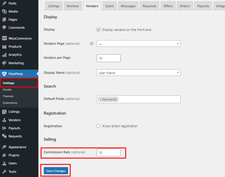 Setting a commission rate in the HivePress settings.