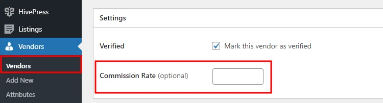 Setting a custom commission rate for an individual vendor.