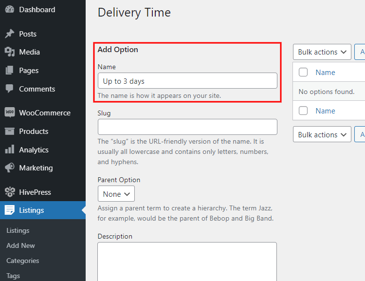 Adding custom field options.