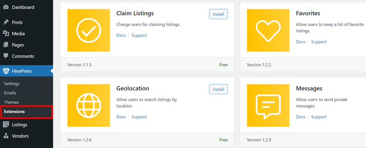 Installing HivePress extensions.