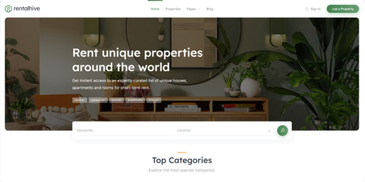 Homepage of RentalHive, a vacation rental WordPress theme.