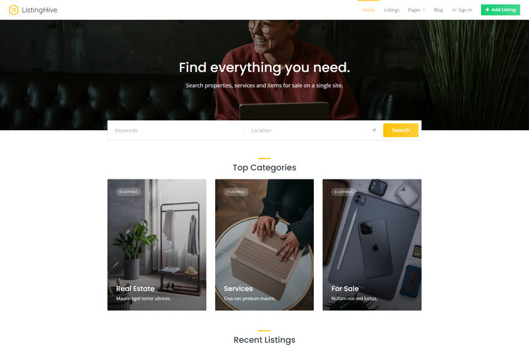 ListingHive, a free classifieds WordPress theme.