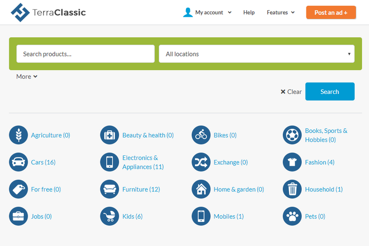 TerraClassic, a free classified ads WordPress theme.