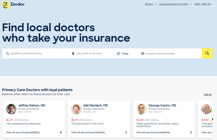 Zocdoc homepage.