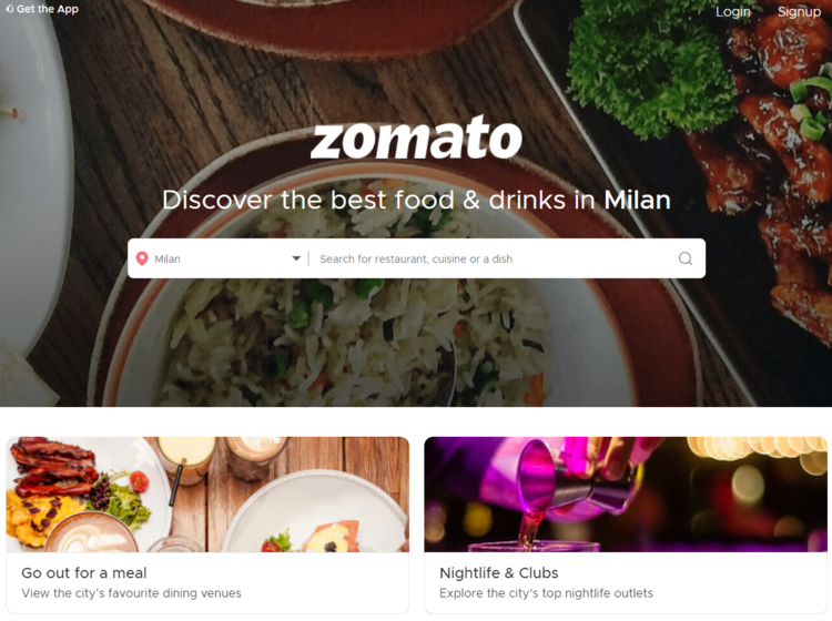 Zomato homepage.