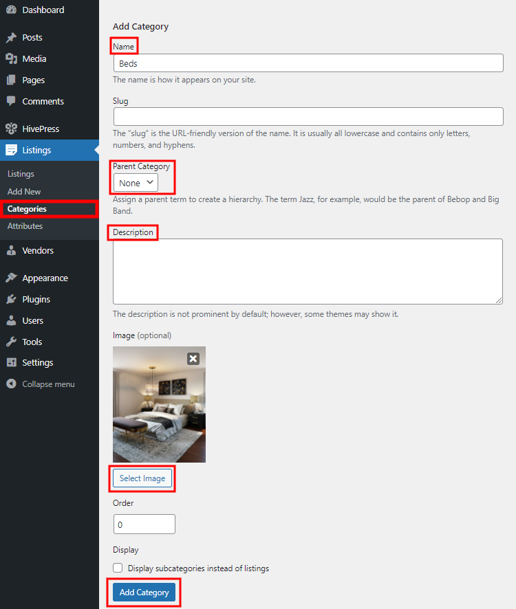 An example of adding listing categories in the WordPress dashboard.