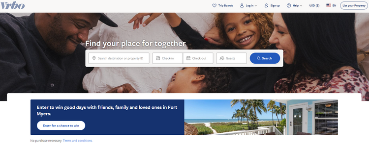 The homepage of Vrbo, the most popular vacation rental website.
