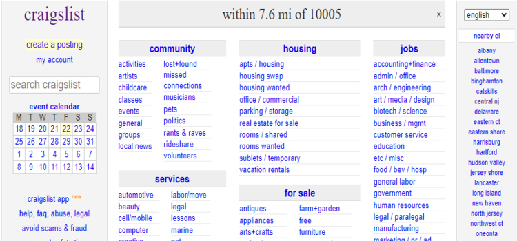 A homepage of Craigslist.