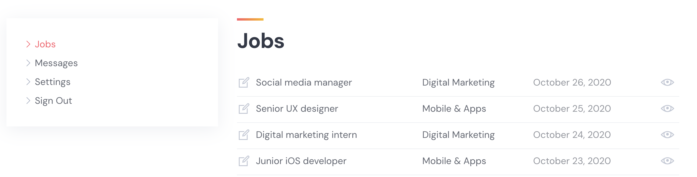 Company's dashboard in JobHive.