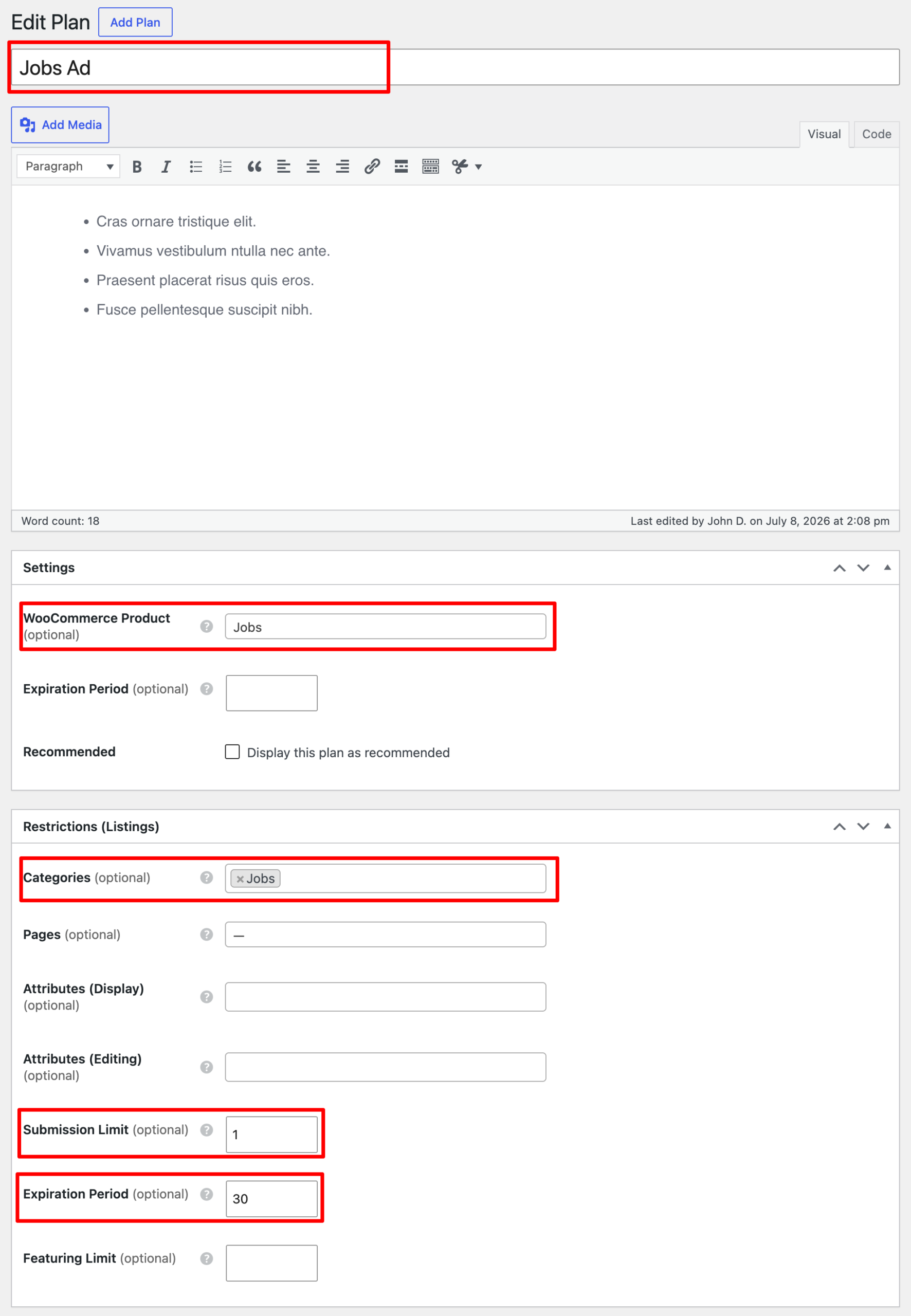 Membership plan configuration for specific category