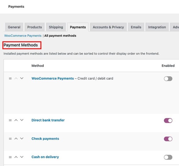 Setting up WooCommerce payment methods.