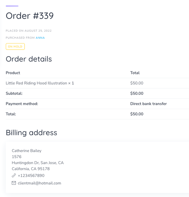 An order details page.