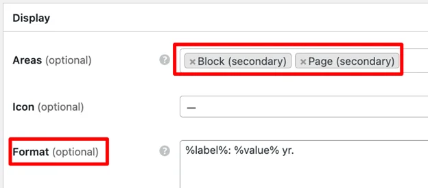 Setting a display format and a template area for a custom vendor field.