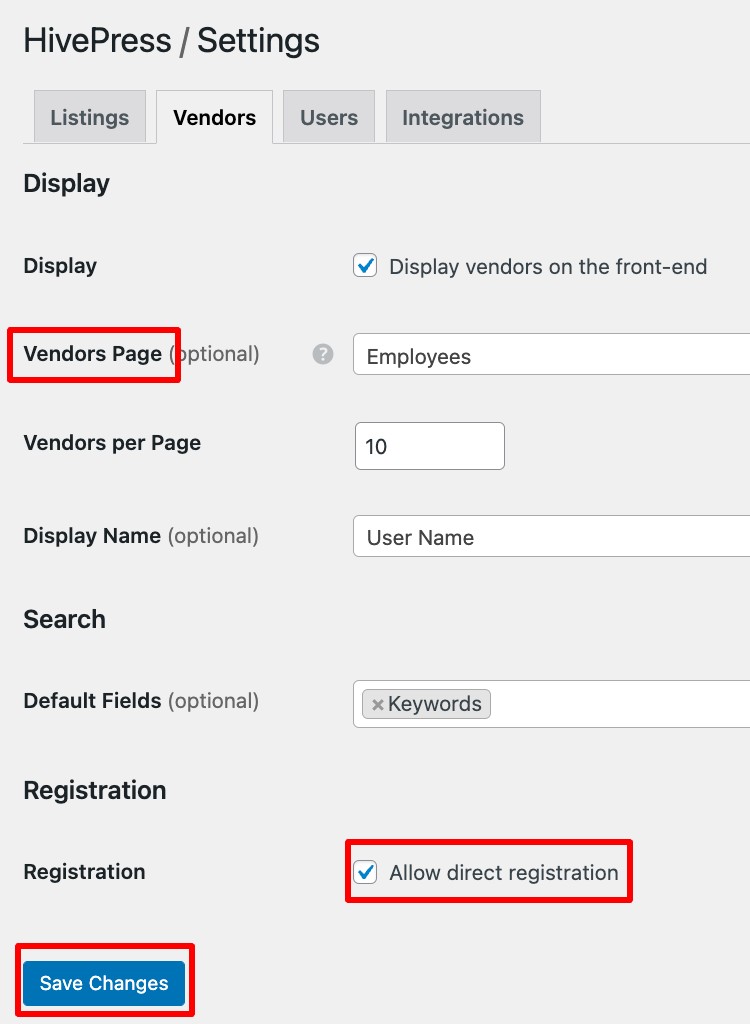 Setting a vendor page for a website.