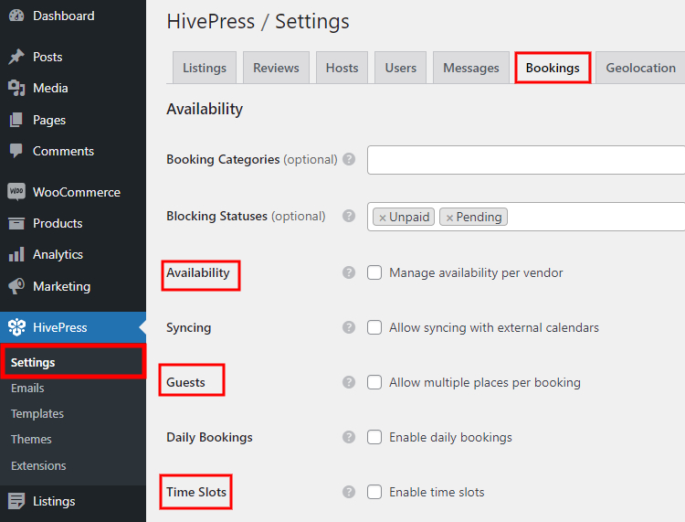 HivePress Bookings settings.