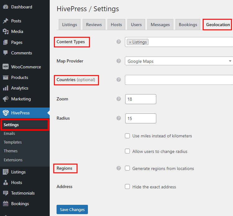 HivePress Geolocation settings.