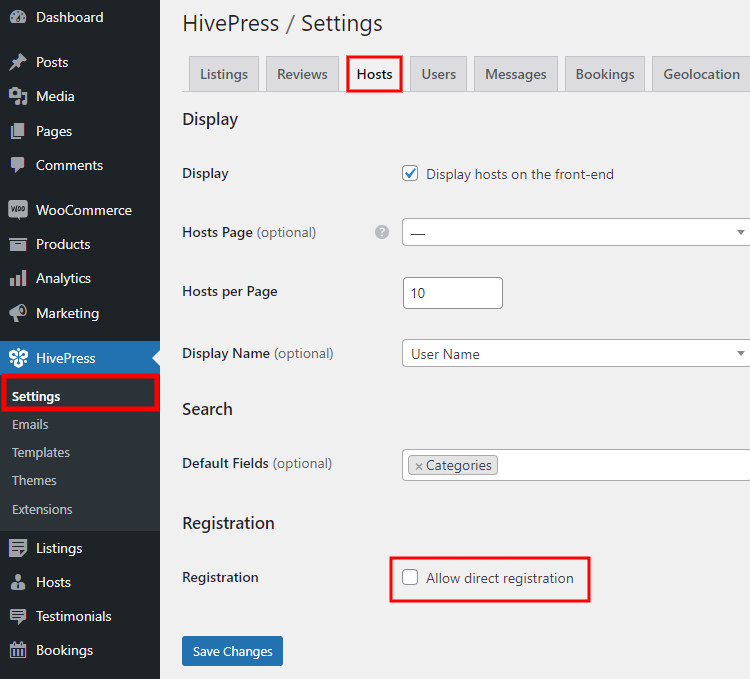 HivePress Hosts settings.