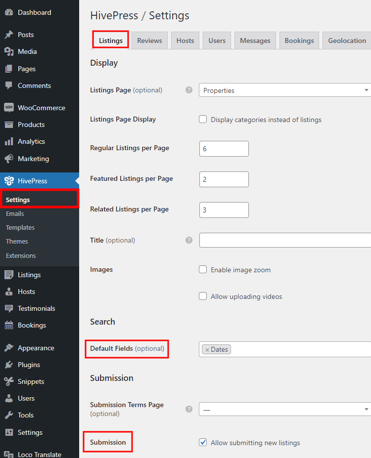 HivePress Listings settings.