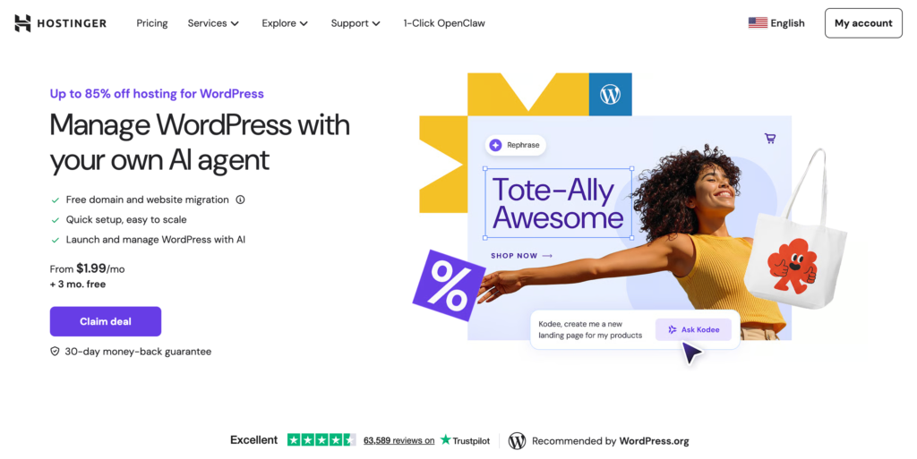 Hostinger WordPress hosting plans and pricing displayed on the Hostinger website dashboard.