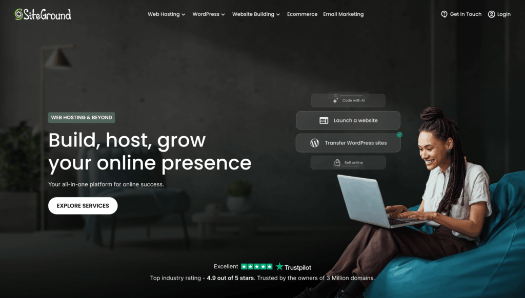 SiteGround managed WordPress hosting platform with performance and security features.