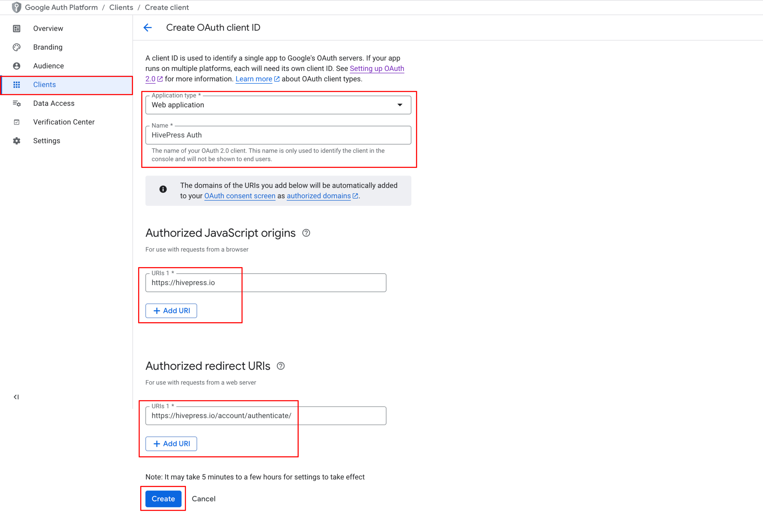 Google Cloud Console interface showing the 'Authorized redirect URIs' section for a Web Application, with the HivePress redirect link pasted into the input field.