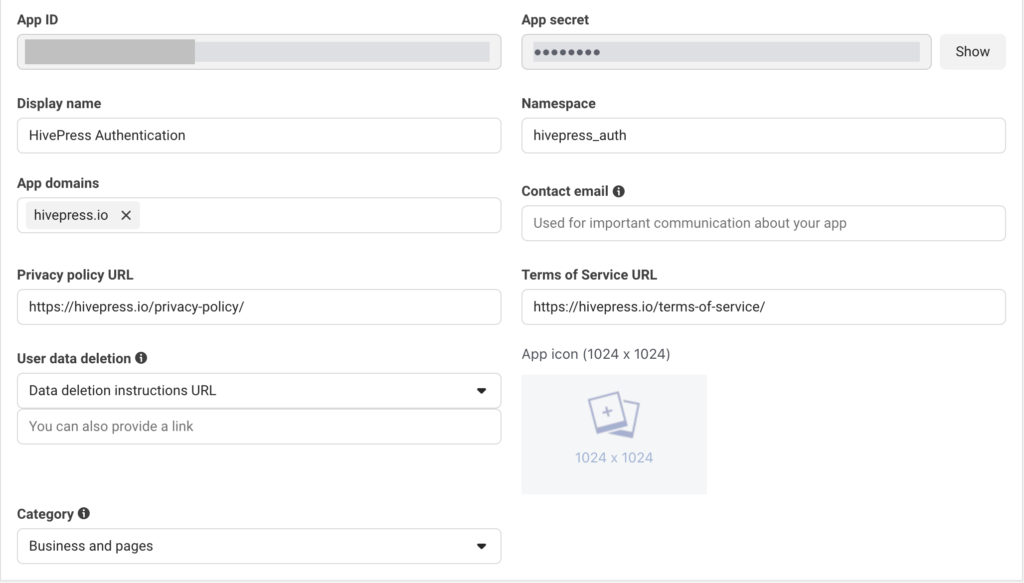 Facebook App basic settings.