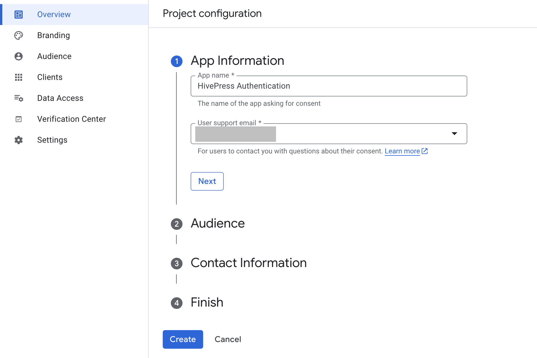 A screenshot of the Google Cloud Console 'Create OAuth client ID' page, with the 'Project configuration' menu expanded.