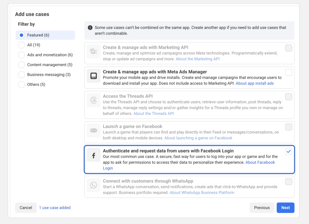 Facebook App use case selection 