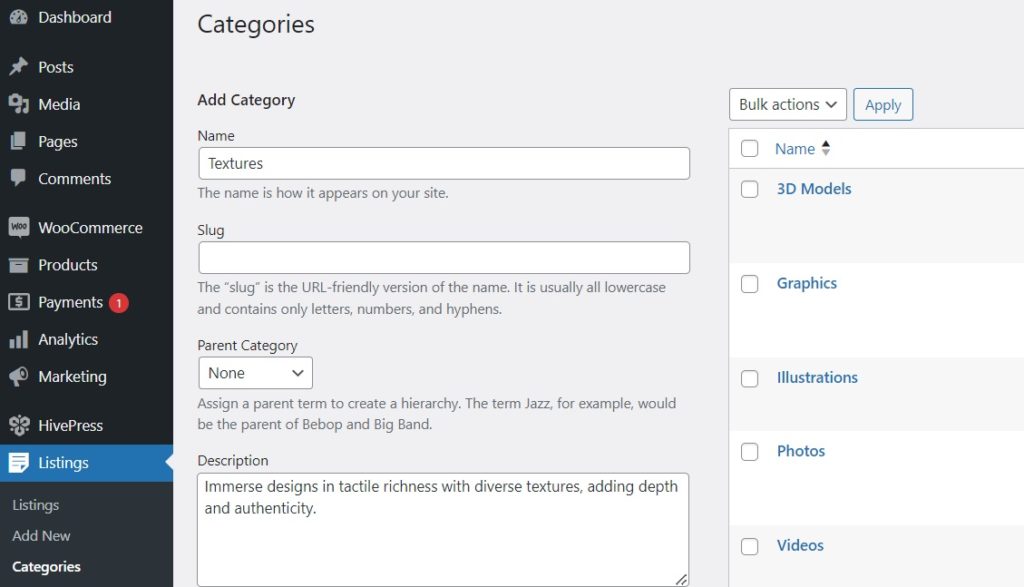 Creating listing categories.