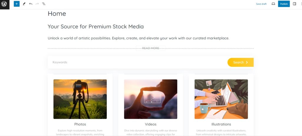 A homepage of a stock media marketplace.