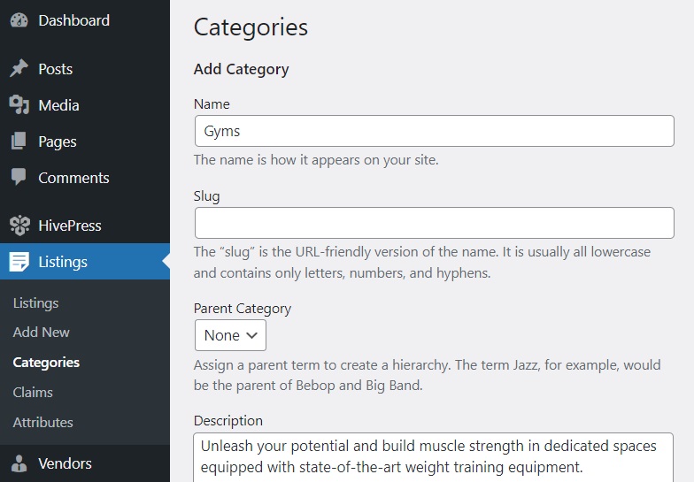 Adding listing categories on the HivePress-built website.