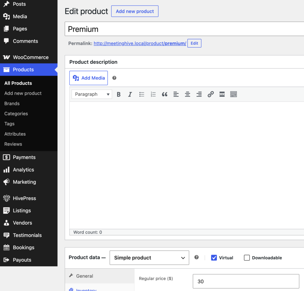 Adding a WooCommerce product.