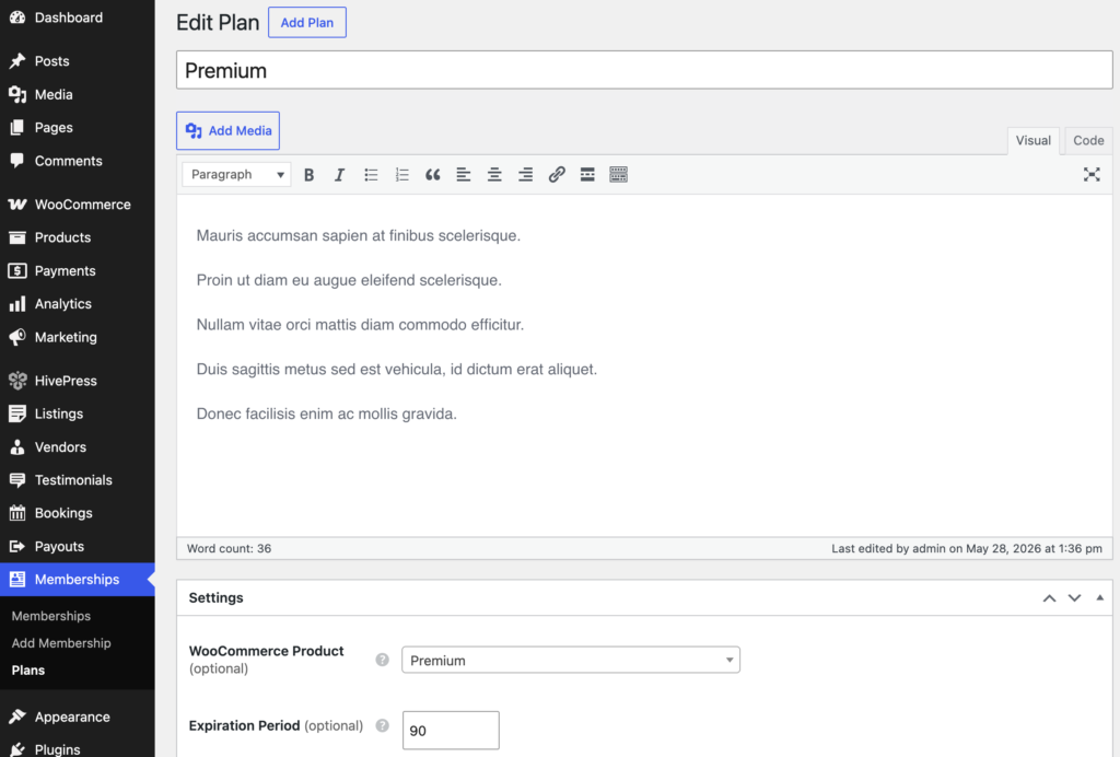 Memberships plan settings in HivePress