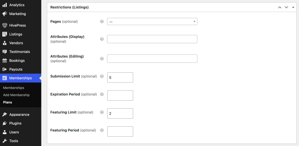 Settings of the memberships plan in HivePress