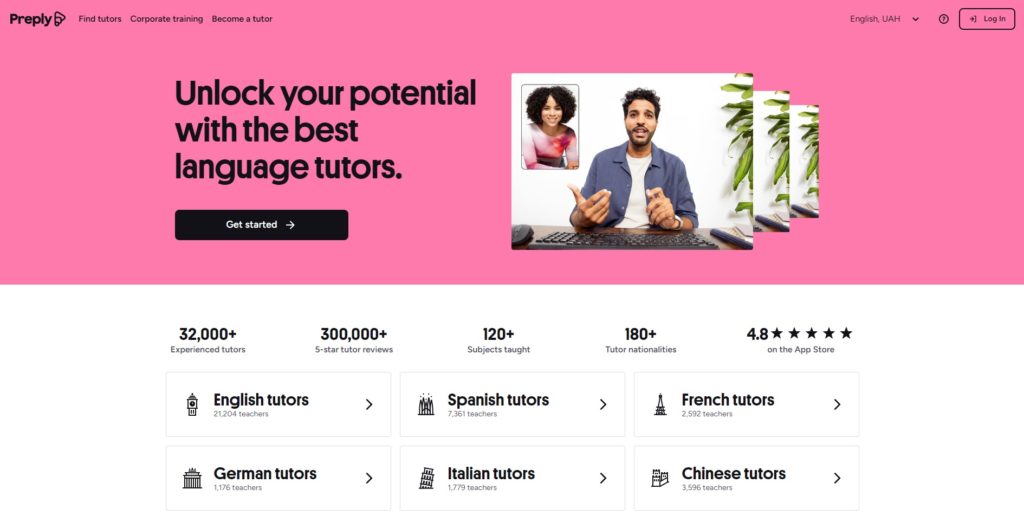 Preply, a tutor booking website.