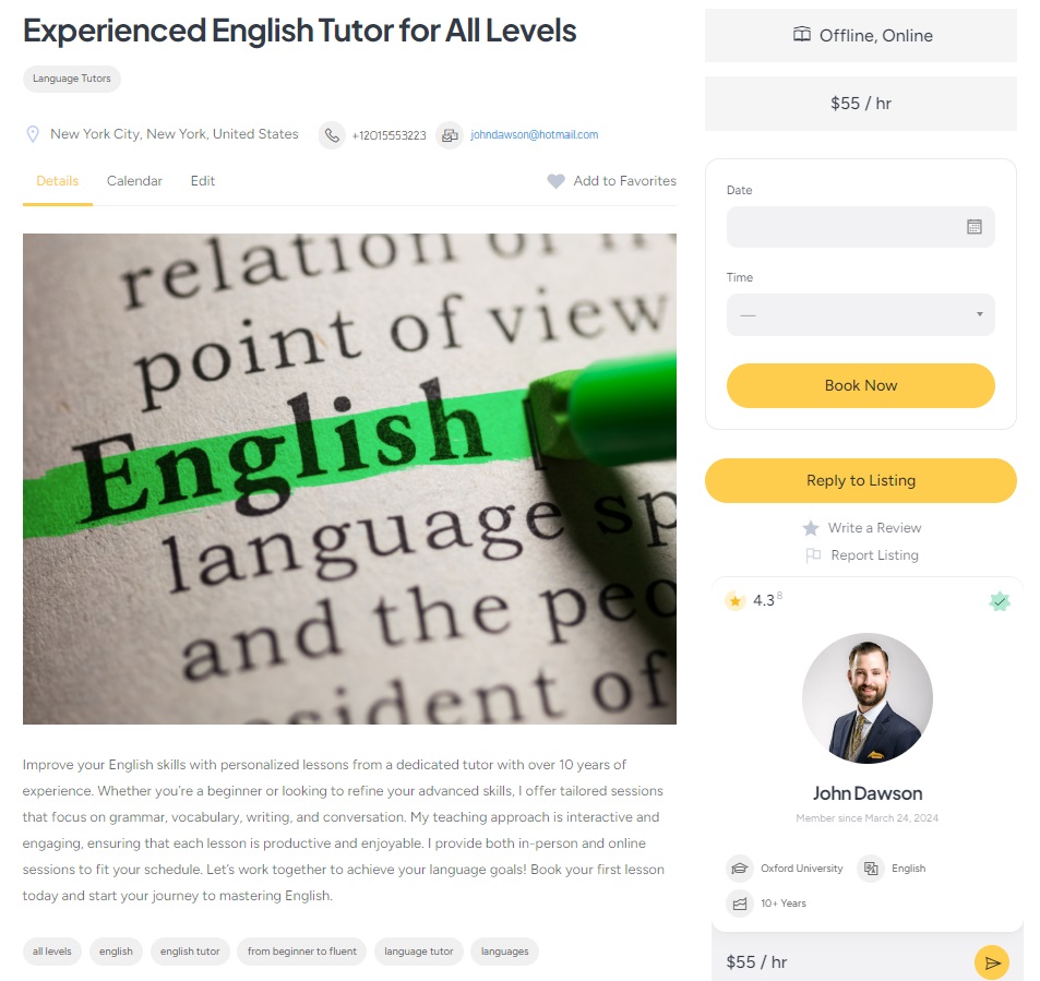 An example listing on tutor booking platform.