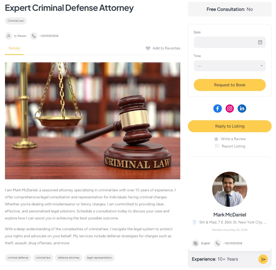 A lawyer appointment website built with WordPress.